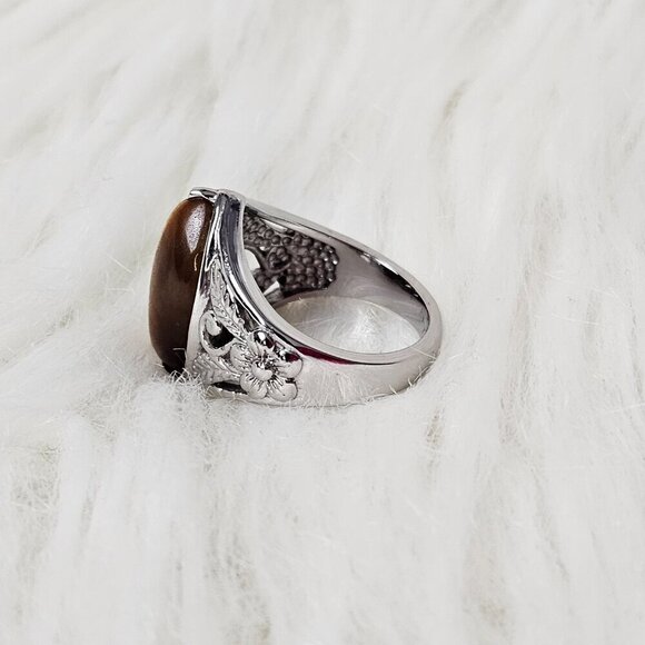 Silver Tone Tigers Eye Gemstone Solitaire New Stainless Steel Ring - Picture 3 of 7